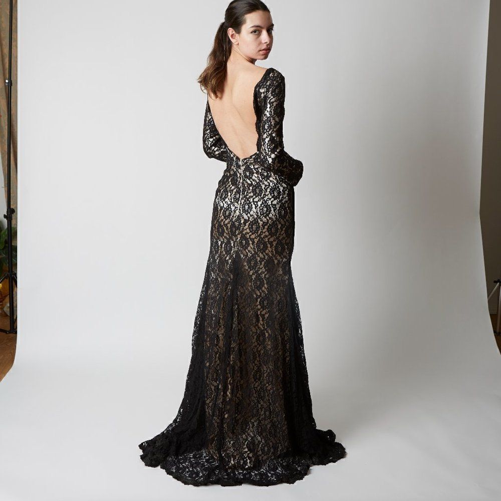 Black Lace Formal Gown Grad Bridesmaid Low Back with Train
